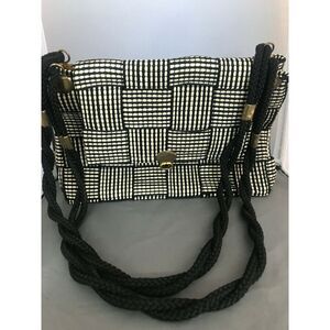 Vintage Gabriella Italy Cross Body Bag Purse Woven Black White Brass from 1970's